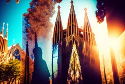 double exposure, sagrada familia barcelona in sunshine, backlit, ethereal, cinematic postprocessing, bokeh, dof