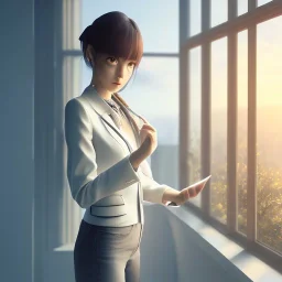 Anime, female student studying under window, studying lesson, perfect face, cool face, ultra detail, unreal engine 5, cinema4d, sun light, studio lighting --ar 1:1 --v 4