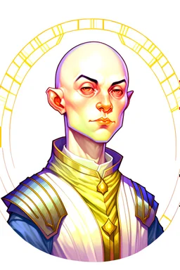 Full colour drawing portrait fantasy setting young female human cleric, shaved head, round ears