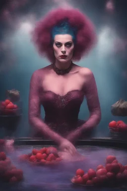 full body portrait - the bride of Frankenstein, wearing a pink, bikini in a hot tub - 32k, UHD, 1080p, 8 x 10, glossy professional quality digital photograph - dark blue and dark red, and light maroon and purple and foggy black gradated background with a paint splattered wall, strawberries, stars, planets, galaxies, an assortment of bright, colorful floral arrangements, black roses, blue roses, red roses, yellow roses, pink roses, dandelions, honeysuckle roses, tulips, carnations,