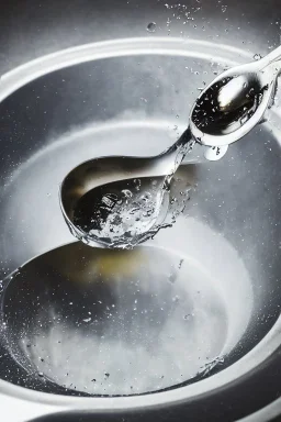 in focus, a jet of water flows into a spoon and splashes everywhere in a sink tray