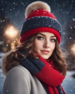 Cute girl in red hat and scarf, snowfall in the background, night