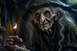 photorealistic. extreme scary and evil elderly skinny witch. with big dirty ugly sharp teeth. with dark curly hair and a long broken nose, holding a vodoo doll in left hand and putting needles in the vodoo dol with right hand, with lots of ghosts flying around, Epic, mysterious environment, 16k, UHD, HDR, (Masterpiece:1.5), Best Quality:1.5) with full blown rabies