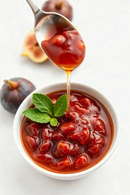 sweet fig jam in white bowl Inclined on a vertical axis , white background,8k, ultra-realistic