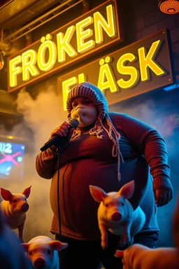 a very fat swedish girl, with skimask with called "Fröken Fläsk" performing at dance club, her name is "Fröken Fläsk" piglets On stage, yellow Neon lights and smog, and "FRÖKEN FLÄSK" big sign on the wall, she singing with mic, text in swedish! no translate mr. stable ai