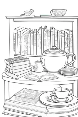Tea on coffee table and book shelf coloring page