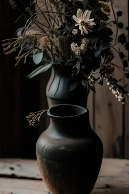 detail image of an old black rustic vase with flowers on a wooden table. modern farmhouse style with rustic feeling.