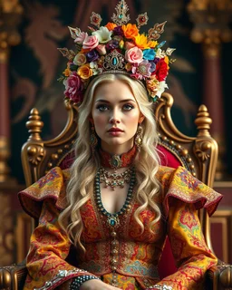 full length image a distance dystopian angle fullbody a beautiful European blond girl pretty super model adorned with an elaborate and colorful headpiece made of flowers and jewels, wearing a vibrant and detailed victory outfit that includes intricate patterns and sparkling embellishments. The attire should reflect a rich russia empire, with attention to the fine jewelry that complements the ensemble,sweet pose sitting the throne queen in room luxurious royal palace background