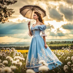 fullbody girl makeup wearing a victorian dress walking in country side ,flowers ,pretty clouds in blue sky