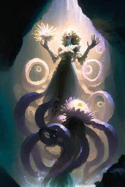 As she held the flower-poser aloft, its delicate petals seemed to shimmer with an otherworldly luminescence. Agatha's voice, filled with an unyielding conviction, resonated within the confines of the cave as she blessed the colossal octopus-robot with the ethereal power of hope, compassion, and the strength to defy the forces of darkness.