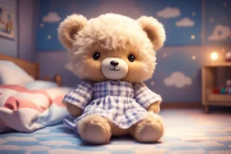 cute anime chibi teddy bear in a checkered sleeping dress in a kids room at night in moonshine Weight:1 heavenly sunshine beams divine bright soft focus holy in the clouds Weight:0.9