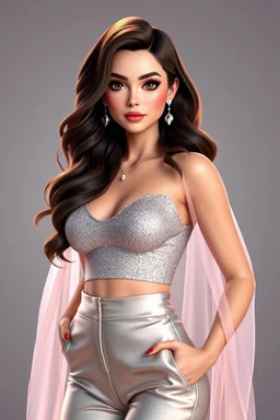 fullbody pose of A stylized 3D render of Madison Beer portrayed as a glamorous modern pop icon with a soft yet confident aura. She has radiant, porcelain skin, long voluminous dark brown hair cascading in gentle waves, and captivating hazel eyes framed by bold lashes and shimmering makeup. Her outfit is a chic, form-fitting ensemble—a glittering silver crop top paired with high-waisted satin pants and a long translucent cape that flows behind her, catching the light. Delicate jewelry—crystal ear