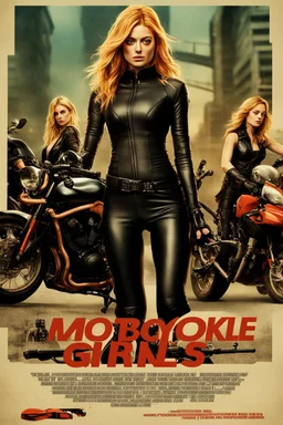 Poster for an action film called "The Motorbike Girls" starring Katherine McNamara, Margot Robbie and Georgia Henshaw wearing tight leather catsuits.