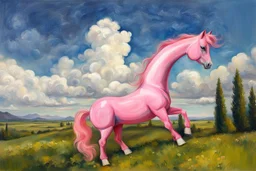 Big pink plastic toy horse.19th painting