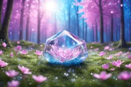 magic brightness diamon in a magic blue and pink lawn in a fairy forest, with lightness sky