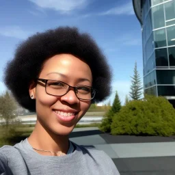 A short haired, black female software engineer taking a selfie in front of Building 92 at Microsoft in Redmond, Washington