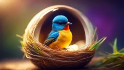 Strange colorful little bird inside an egg, in a nest, fantasy, futuristic, exquisite body, striking little head, happy, intelligent, calm, thoughtful, friendly, attractive, beautiful volumetric lighting, attractive composition, photorealistic, bokeh blur, extremely detailed, chiaroscuro