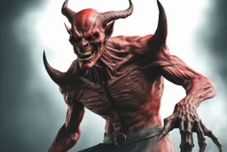 Realistic ghoulish devil leaning forward at an angle facing right, posed as if over a shoulder, red skin, horror style, no other person.