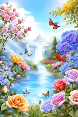 Trés belles roses, rainbows, beautiful colors gardens , flowers, cascades,Birds, butterfly