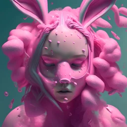 girl, bunny , mask, hair slime, out her mind, pink tones, realistic photograph , 3d render, octane render, intricately detailed, cinematic,