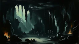 A dark and haunting oil painting of a mysterious cave filled with shadows and unknown creatures