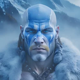 Photoreal close-up of a bruised muscular bald barbarian with blue-white body paint in foggy snowy mountains at dawn