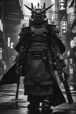 samurai robot in black and white cloak in a cyberpunk environment