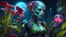 a dazzling attractive alien zombie female with a (prosthetic arm:1.5) and wearing cyberpunk clothes (feeding:1.5) her (carnivorous pitcher plant1.5) in a moonlit garden, ultra high detail, oil painting, intricate detail, 8k resolution, trending on Artstation, sharp focus, triadic colors, deep color, vibrant, back lit, masterpiece