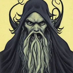 Cthulhu with white skin and a beard made of fleshy tentacles as a Russian Orthodox nosferatu vampire with yellow eyes and vampire fangs