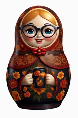 draw a Russian matryoshka doll in the style of Khokhloma, the matryoshka is smiling, the matryoshka has a coffee cup in her hands, a frontal angle, a picture on a white background, the matryoshka is drawn entirely, a highly detailed 3d picture