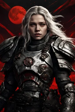 beautiful Chloë Grace Moretz as a space soldier, warhammer 40k, long messy white braided hair, pale eyes, dressed in a revealing ornamented armor wth a long skirt, exposed belly and shoulders, standing on a bloody battlefield, wearing holy symbols, blood moon in the background, sci-fi, confident, highly detailed face, very high resolution