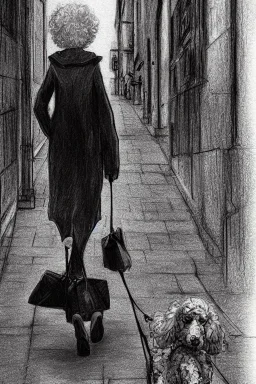 street, old lady with old poodle walking, model style, hyper realistic, accurate, delicate, extremely detailed, Graphic novel style, wide-angle, front view, open aperture, superfine pencil