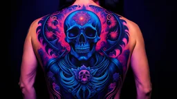 An amazing dark psytrance art tattoo of Death on a human back, on a dark background under UV light, vivid and vibrant neon tattoo ink, detailed, intricate, high contrast.