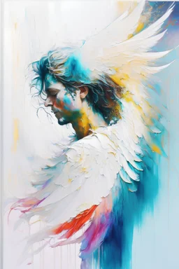 A detailed beautiful illustration of a nondescript human with wings. Skin, hair and face are all made of paint. No facial features. Front view. Abstract Oil painting splash art. White background, wide angle, abstract design, beautiful, thick flowing paint strokes, fantasy art, modern art, ((soft happy complimentary colors,)) modern aesthetic, focused on the character, 4K resolution.