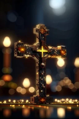 a symbolic cross like a boss with eyes like spotlights and children swinging , photo-realistic, shot on Hasselblad h6d-400c, zeiss prime lens, bokeh like f/0.8, tilt-shift lens 8k, high detail, smooth render, down-light, unreal engine 5, cinema 4d, HDR