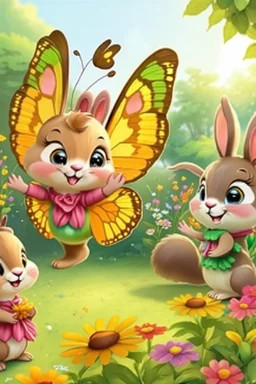 The bunny, squarrel and butterfly happily smile and dance in the colorful garden ,in the same style as reference image