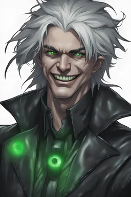 plauge doctor in balck leather clothes with silver hair, pale skin and bright green eyes smiling with sharp teeth