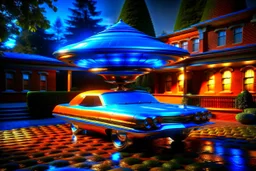 award winning car and driver digital 64k photorealistic image of a futuristic used UFO station wagon designed by an unknown alien civilization for sale in the front yard of a kentucky home, only one vehicle per image painted metallic orange traveling at a high rate of speed,the rear with bright blue flame, bilaterally symetrical