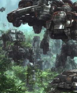 Large mechwarrior inside a futuristic steampunk space ship with plants and animals