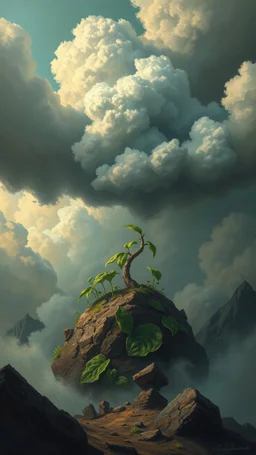 Plant earth completely destroyed in sad theme clouds and sturdy weather in Bsosh nightmares style painting