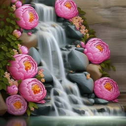 A waterfall with peonies and stones all around not only bright to remove