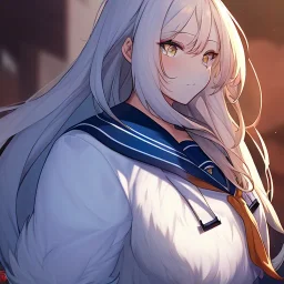 Clear focus,8k,Beatiful Lighting,Beatiful Blur,Beatiful Face,Beatiful Shading,Amber long hair,fluffy hair, long fluffy bangs, Cyan eyes, wearing a sailor uniform, Extreme Close Up