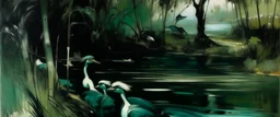 A blackish teal swamp make out of iron and energy painted by Edouard Manet