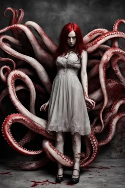 blood, goth woman, leaning pose, full body, squid, octopus creepy, horrifying, sinister, 8k, macro photography,