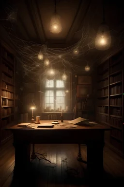 Desk with old lighting on the ceiling and spider webs on the walls in a terrifying scene with books flying around, 1920 x 720.