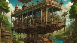 steampunk gipsy caravan crossed with a boat flying high over a jungle with platforms, verandas, and people, cogs, pulleys, intricate