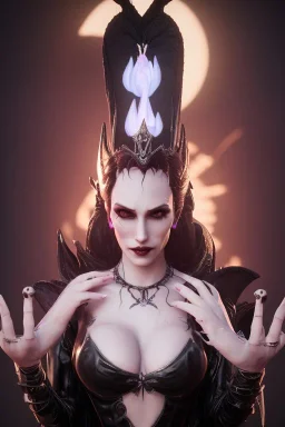 Morrigan Hel as evil queen in black leather gown, cleavage, angry, unreal 5, octane render,cinema4d, dynamic lighting, dramatic lighting, 4k, redshift render, highly detailed, hyper realistic