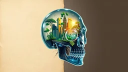 old worn paper, plain contrast background, crystal transparent Skull with city and plants inside, roots, backlight inside, 8K, high detail, hyperrealism, high resolution, bright colors, ART illustration