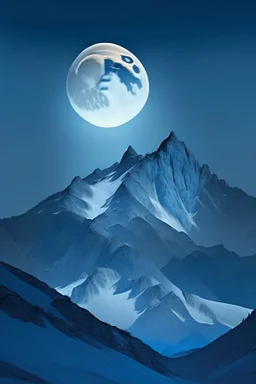 soft blue grey background, with a full moon highlighting the soft tones of the mountainous valley beloew