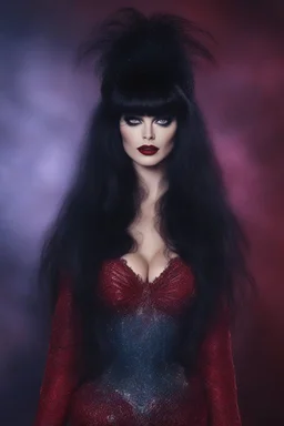 full body portrait - Elvira, Mistress of the dark - 32k, UHD, 1080p, 8 x 10, glossy professional quality digital photograph - dark blue and dark red, and light maroon and purple and foggy black gradated background, historic, powerful, octane rendering, exquisite detail, 30 - megapixel, 4k, 85 - mm - lens, sharp - focus, intricately - detailed, long exposure time, f8, ISO 100, shutter - speed 1125, diffuse - back - lighting, ((skin details, high detailed skin texture)), (((perfect face))),